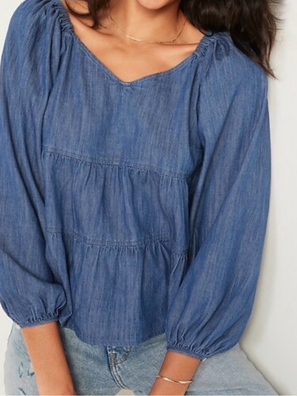 NWT Old Navy Tiered Denim Swing Top Blouse Sz L Peasant Babydoll Jean Chambray